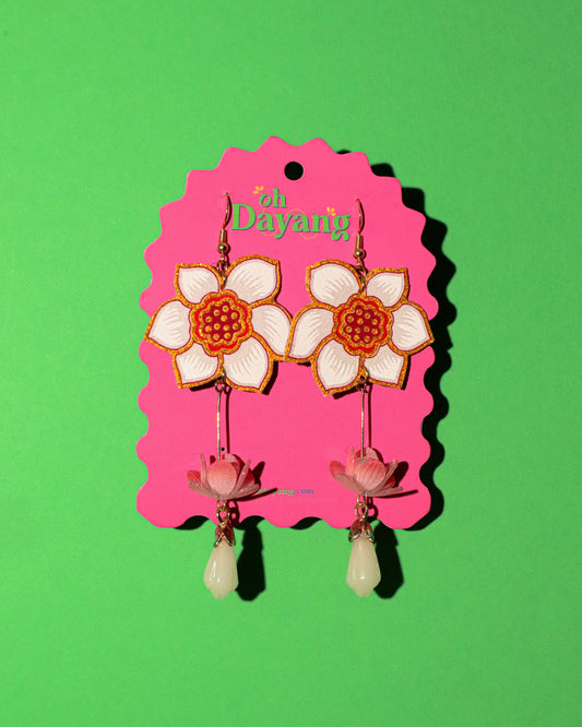 White Lotus Dangle Hook Earrings